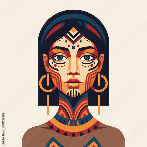Woman with face paint and tribal adornments, looking forward.