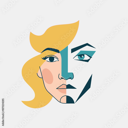 Two halves of a face, one feminine, one masculine, with abstract elements.