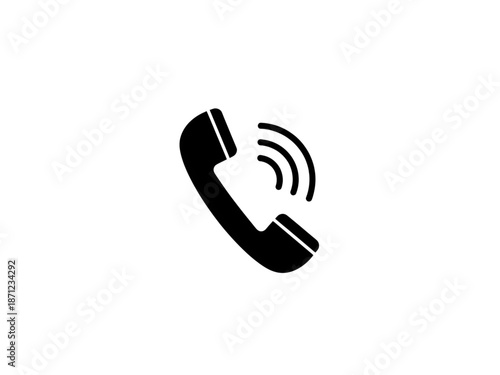 Black and white telephone icon with ringing lines isolated on white background
