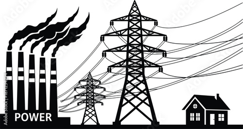 Industrial power plant, transmission towers, and a house silhouette factory smoke