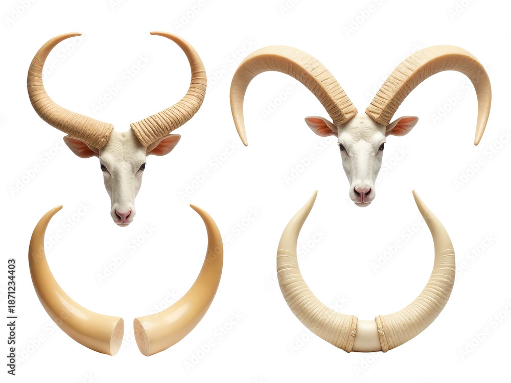 Fototapeta premium Two goat horns resting next to each other, with no surrounding context
