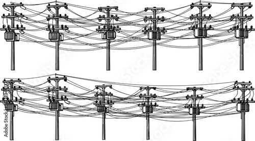Overhead power line poles with transformers and tangled wires illustration electricity utility pole