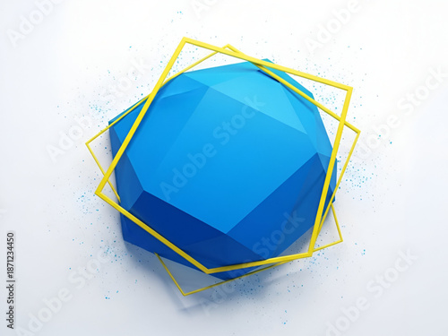 A large blue geometric sphere surrounded by multiple yellow squares