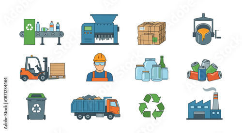 Recycling process and waste management industry icons