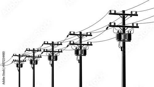 Row of black silhouette electricity poles with transformers and wires on white background power pole