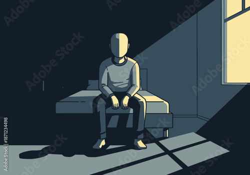 A person sits on a bed in a dimly lit room with light streaming in.