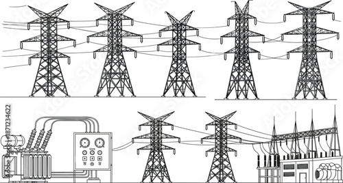 Power Station with Transformer, Control Panel, and Transmission Towers on White Background electricity