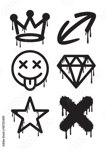 Black graffiti style of crown arrow smiley face diamond star and x