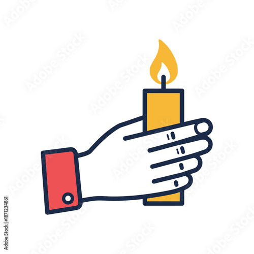 Hand holding a lit candle with a flame.