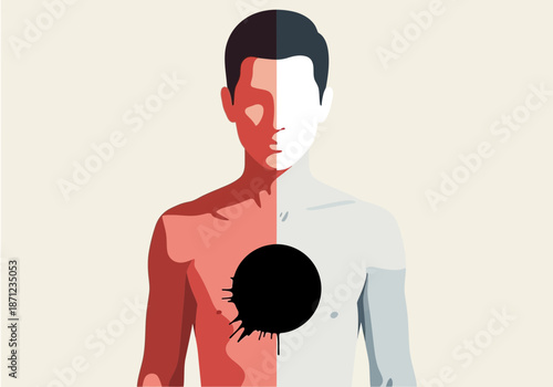 Human figure with a black hole in the chest, split in half.