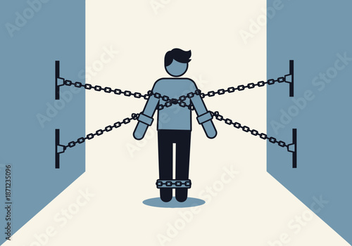 Person bound by chains to walls, symbolizing restriction and confinement.