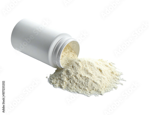 White plastic container spills fine, light-colored powder on black backdrop