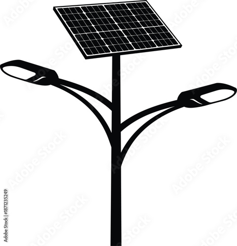 Silhouette of a solar-powered street lamp with two lights Keywords: solar panel, street lamp, light, lamp post, electricity