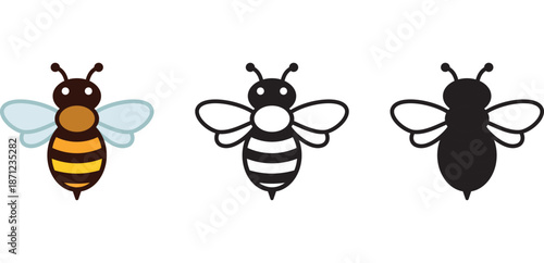 Set of bee illustrations including colorful, outline, and silhouette styles isolated on white background. Cute insect icons ideal for kids designs, logos, nature themes, stickers, and graphic design