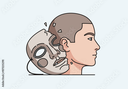 Man's head with a mask being removed revealing a mechanical interior.