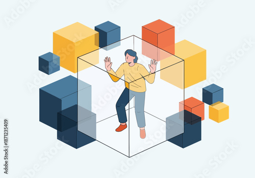 Person trapped inside a transparent cube surrounded by colorful blocks.