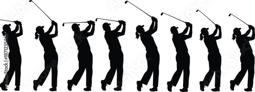 Silhouette sequence of golfer swinging club, demonstrating athletic motion, dynamic posture changes, backswing to follow-through, sports training and technique illustration