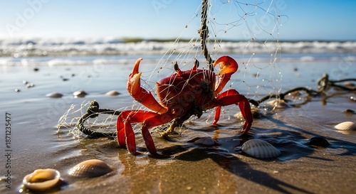 Red Crab on Beach - A Coastal Wildlife Encounter.
