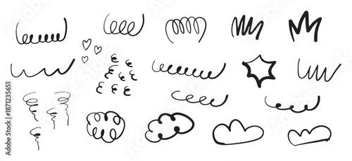 Black hand drawn squiggles hearts faces clouds star white