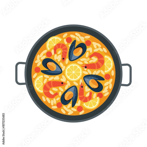 Paella dish with seafood, lemon slices, and rice.