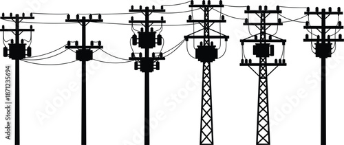 Silhouette of multiple power line poles with transformers and wires Keywords: power line, electricity, pole, transformer, wires