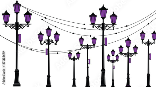 Silhouette of ornate street lamps with purple lanterns and power lines lamppost light