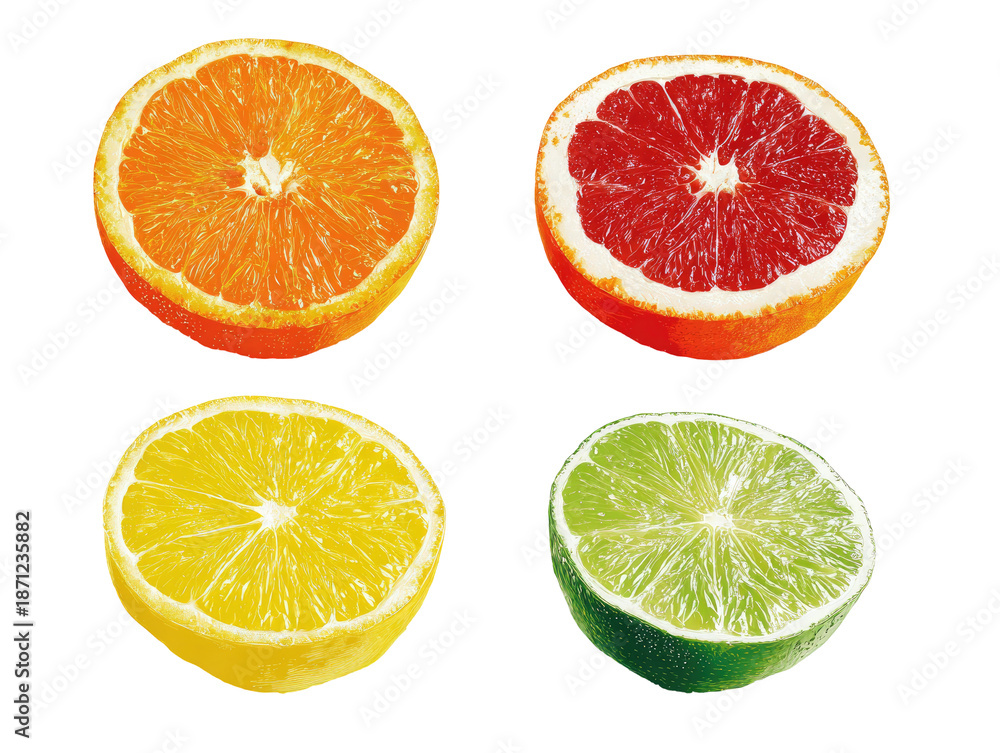 Obraz premium Four citrus fruits, sliced in half, show orange, grapefruit, lemon, and lime. Brightly colored, isolated on black
