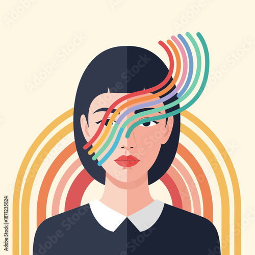 Woman with colorful lines emanating from her head and a rainbow arch.