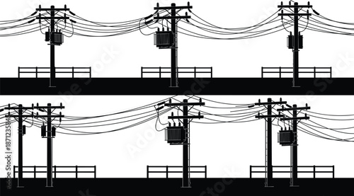 Silhouette of power line poles with transformers and fences against white background electricity utility pole
