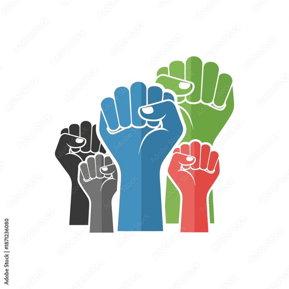 Obraz premium Five fists raised in solidarity, colored black, grey, blue, red, and green.