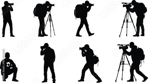 Silhouette sequence of photographers in varied poses with cameras and tripods, capturing outdoor travel moments, dynamic photography techniques illustration