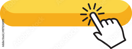 Hand cursor clicking on yellow rounded button with copy space on transparent background