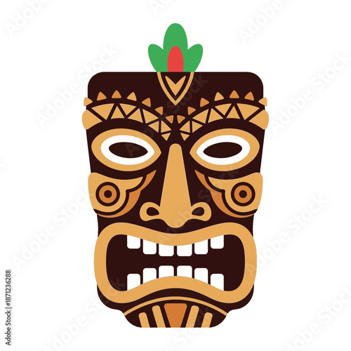 Tribal mask with fierce expression and decorative headdress.