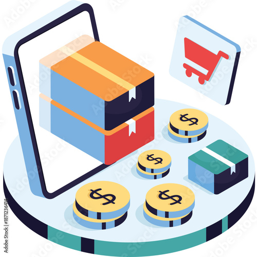 Online Shopping Concept with Smartphone, Packages, Coins, and Cart Icon