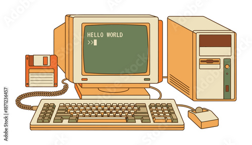 Retro computer setup displaying Hello World programming text