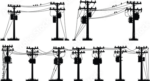 Silhouettes of two rows of power line poles with transformers and grass Keywords: power line, electricity, pole, transformer
