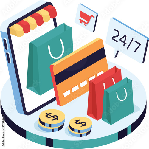 Online Shopping Isometric Illustration with Phone, Bags, and Credit Card
