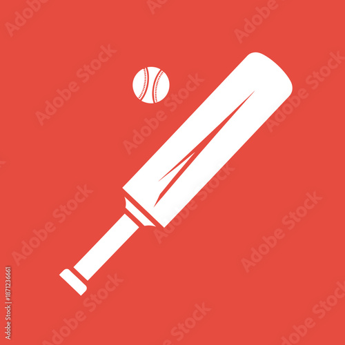 White cricket bat and ball icon on a red background.