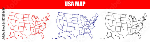 Three usa maps with state borders in red blue and black on white background for geography and travel purposes with states and america and united states