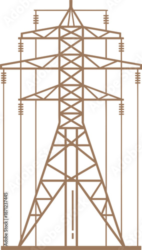 Stylized outline of a high voltage electricity pylon with power lines and insulators Keywords: electricity pylon, power line