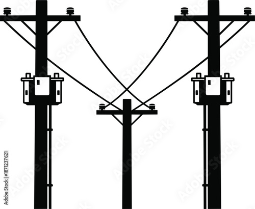 Three Black Silhouette Utility Poles with Transformers and Crossed Wires on White Background power pole