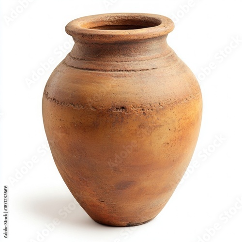 Antique handmade clay pot or ceramic vase isolated on white background