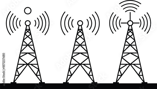 Three communication towers with signal waves in a line art style cell tower radio tower