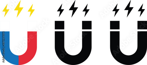 Three horseshoe magnets with lightning bolts, one colored red and blue, two black electricity energy