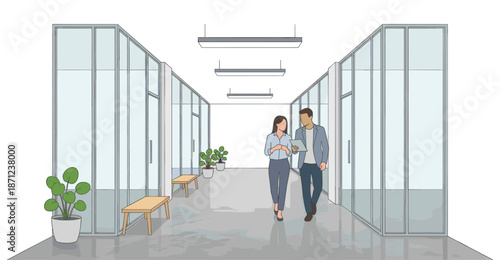 Business people collaborating walking discussing in modern office hallway