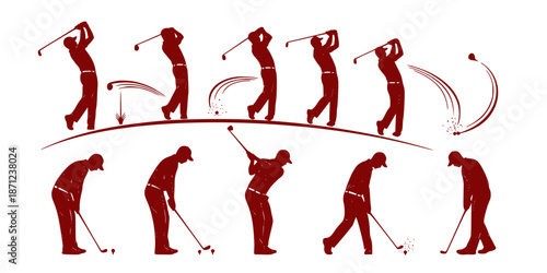Golf Player Swing Motion Sequence Silhouette, Sports Training Illustration