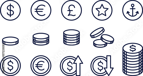 Financial currency icon set featuring dollar, euro, pound coins, money stacks, market growth arrows, star rating, anchor symbol, and banking icons.