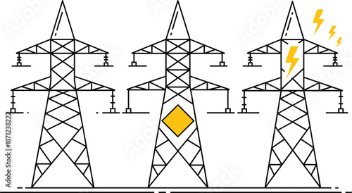 Three stylized electrical transmission towers with lightning and a yellow diamond symbol electricity