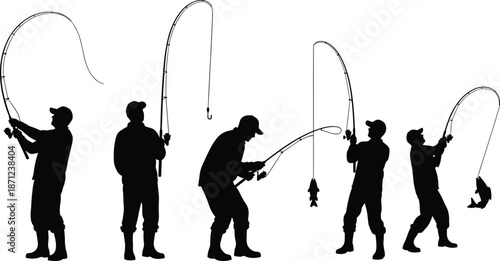 Silhouette sequence of fishermen in varied poses with rods, casting lines, catching fish, outdoor recreational fishing activity illustration