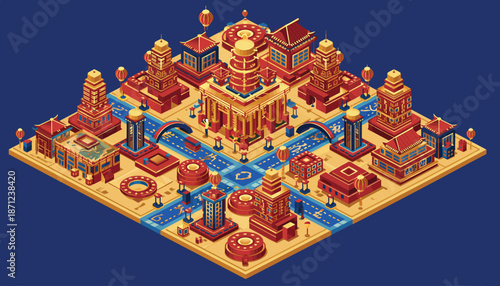 Isometric Asian Cityscape with Traditional Architecture and Waterways.